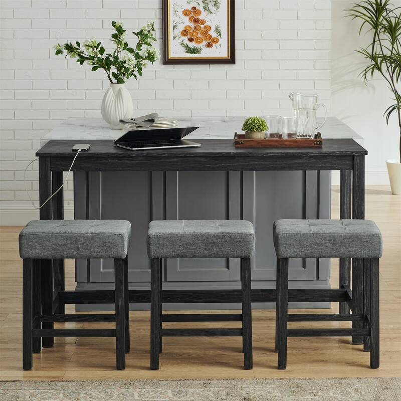 59" Counter Height Bar Table Set with Power Outlet, Industrial Breakfast Table with 3 Stools, 4 Piece Bar Table and Chairs Set