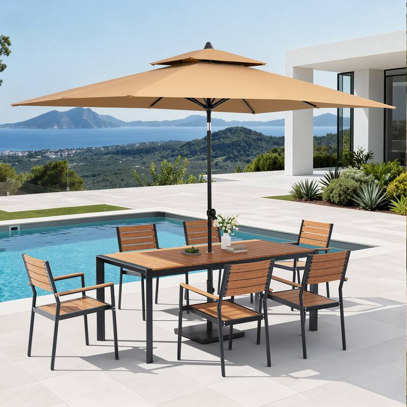 Set of 9 Outdoor Patio Dining Set WoodLike Aluminum Umbrella Hole Table with Stackable Armchairs, Market Umbrella Set - BrownTable&BrownChairs&TanUmbrella