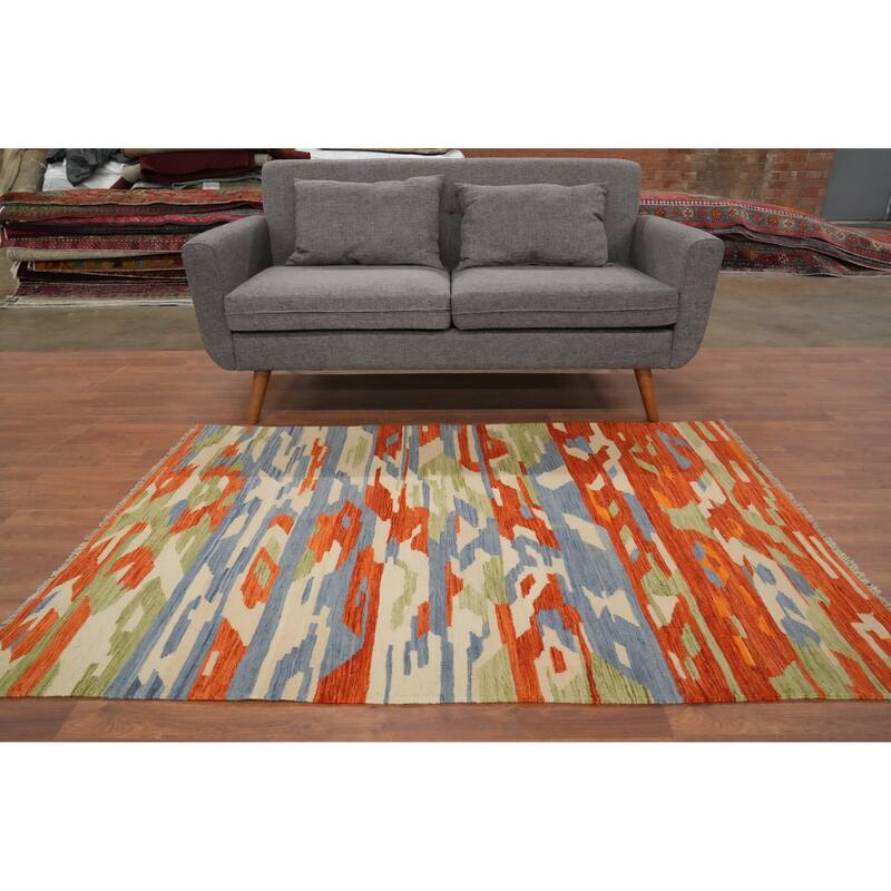 Hand Woven Oriental 100% Wool Carpet Southwestern Modern Multi-Colored Kilim Area Rug - 5' 10'' X 4' 0''