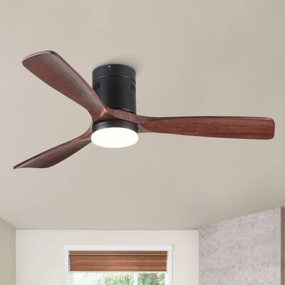 52 in Low Profile Dimmable Integrated Ceiling Fan with 3 Brown Solid Wood Blades - 52 inches