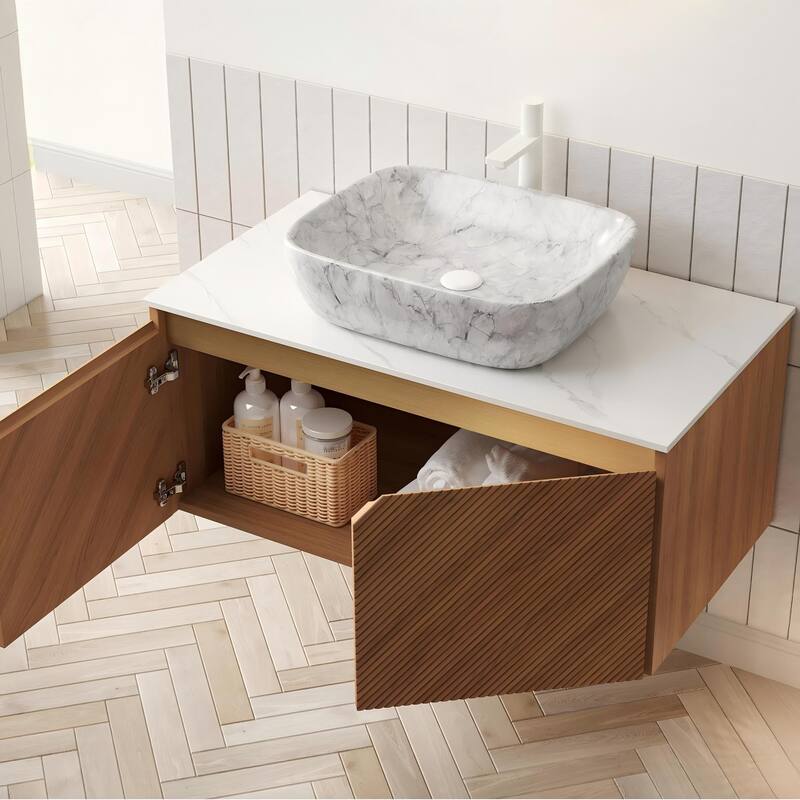 Wall-mounted Bathroom Vanity with Rectangular Vessel Basin