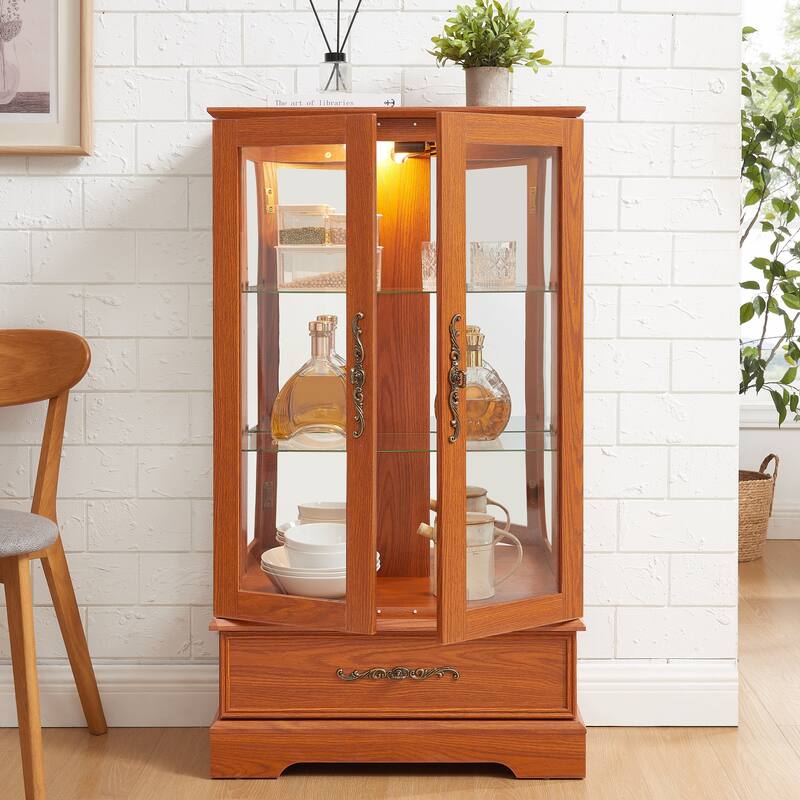 GDFStudio - Traditional Storage Lighted Curio Display Cabinet with Glass Doors and Drawer