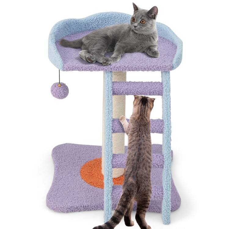 19 Inch Plush Cat Tree with Ladder and Jingling Ball-Purple