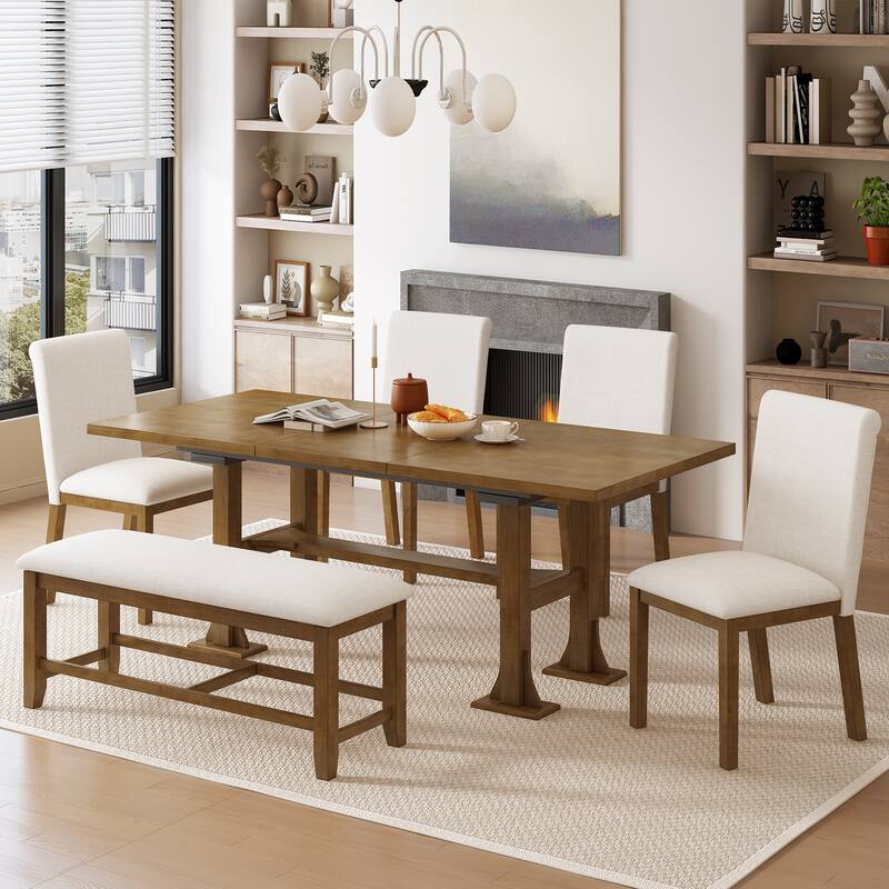 Farmhouse Style 6-Piece Extendable Dining Table Set with Removable Leaf and 4 Upholstered Chair and Bench