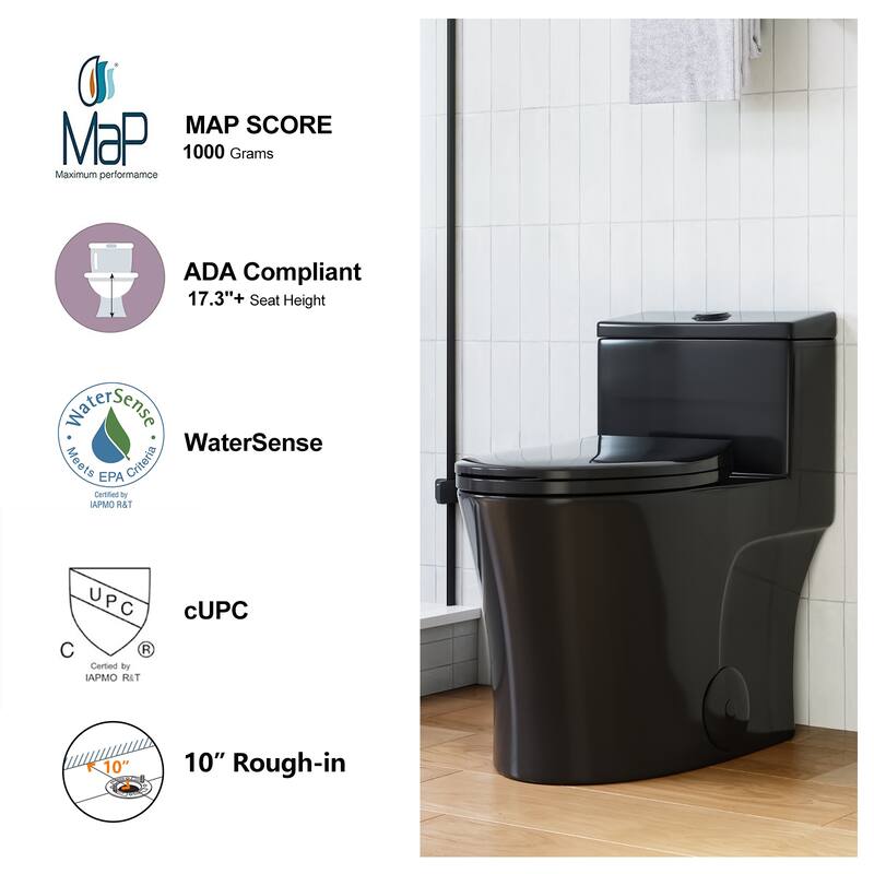 HOROW One Piece 0.8/1.28 GPF Dual Flush Elongated Matte Black Toilet with Soft Close Seat - N/A