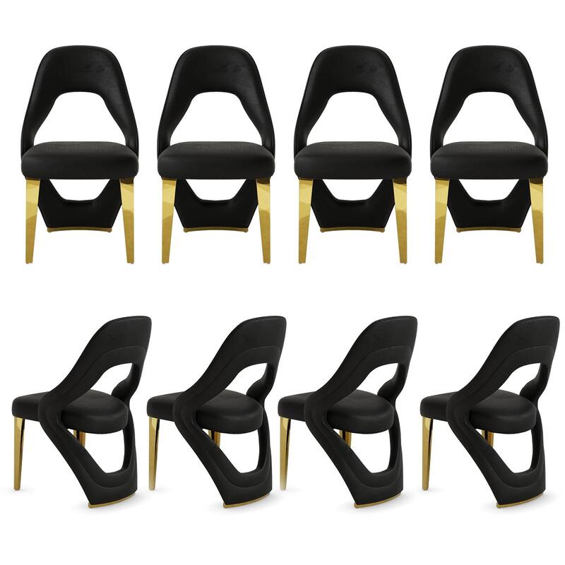 Velvet Dining Chairs with Open Back and Polished Metal Legs - Black - Set of 8