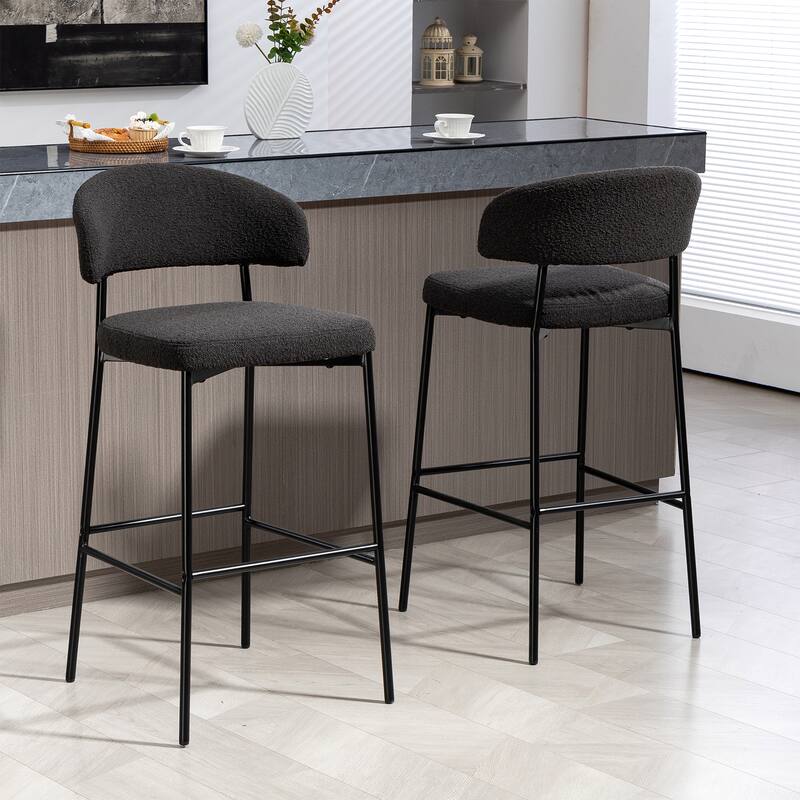 Set of 2 Bennett Black Boucle Upholstered Fabric Bar Stool with Black Iron Legs
