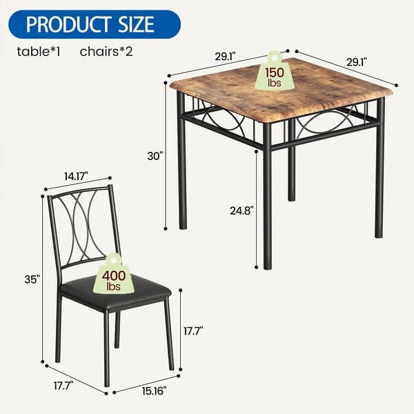 dimension image slide 0 of 3, Dining Table Set, 3 Pcs Space Saving Kitchen Table with 2 Chairs - 29.1x29.1x30in