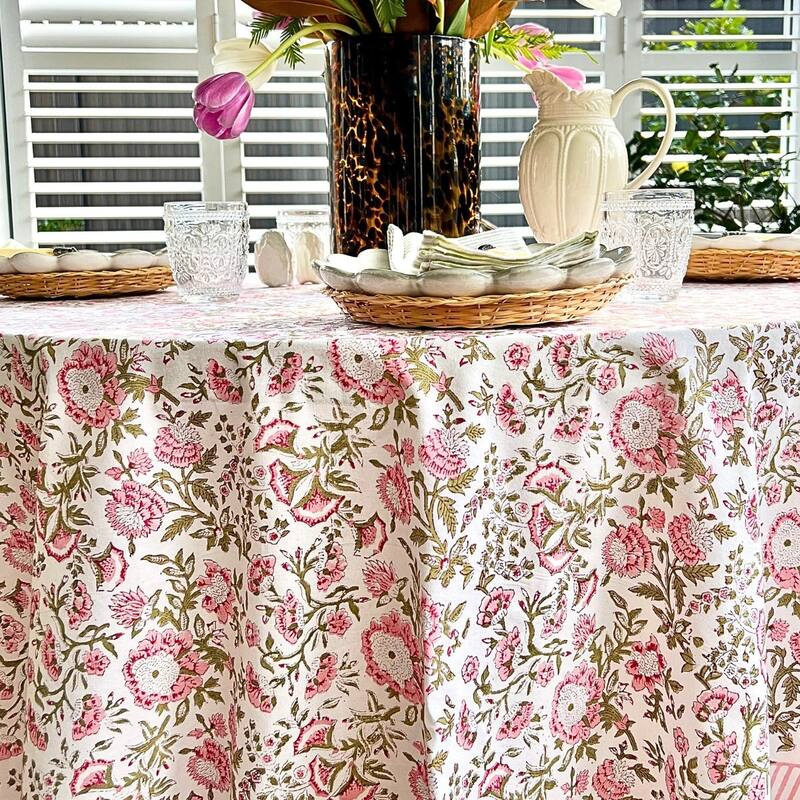 Round tablecloth- Pink and green floral Beatrice