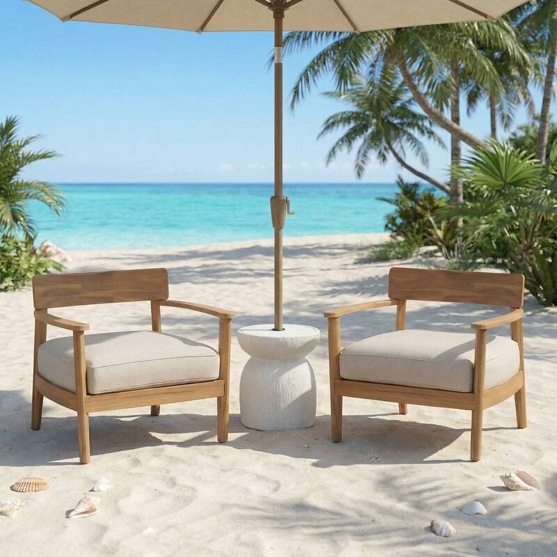 Christopher Knight Home - Outdoor Conversation Set with Cushioned Chairs and MGO Umbrella Base Side Table (3-Piece Set) - Beige+White Marble