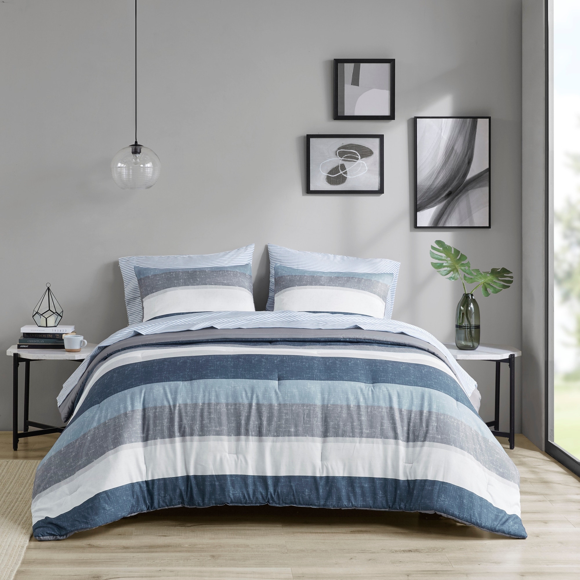 Andency Gray White Striped Reversible Comforter Set Queen Size