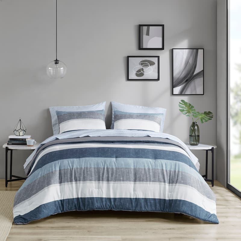Madison Park Essentials Deacon Comforter Set with Bed Sheets - Blue/Grey - King