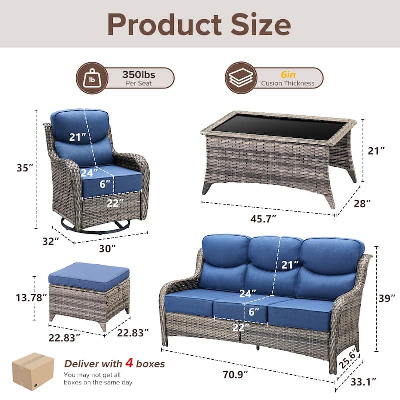 Gymojoy 6-Piece Patio Furniture Set with Swivel Glider Chairs, 6-Inch Ultra-Plush Cushions & Water-Resistant Olefin Fabric