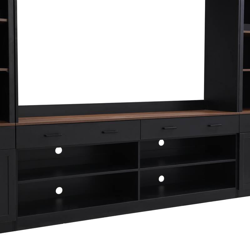 108.2" Media Wall Unit with Two Tone Walnut and Black Finish with Wine Racks