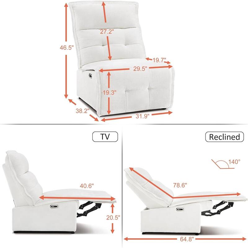 MCombo Armless Power Recliner Chair with USB Ports, 3.5" Wall Clearance Electric Reclining Sofa Chair for Living Room, ALR01