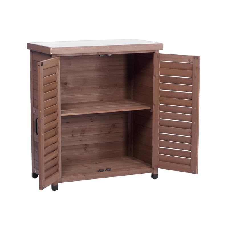 GDF Studio - Outdoor Wooden Potting Bench with Metal Tabletop Workstation and Storage Cabinet