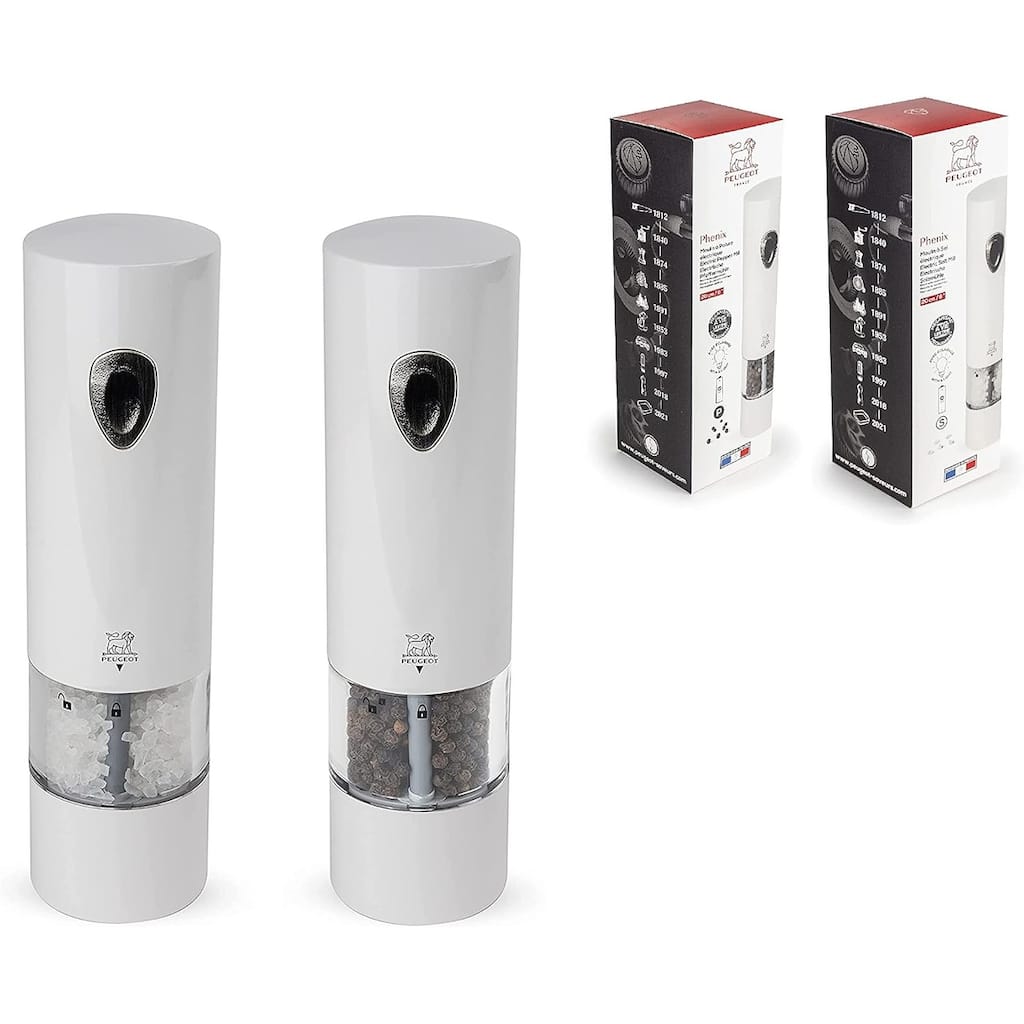 Peugeot Electric Salt & Pepper Mill Set - Stainless Phenix White Lacquered 8 inch