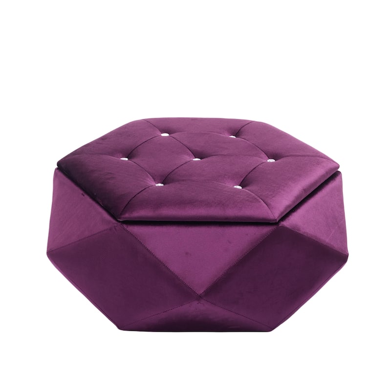 Velvet Polygon Ottoman with Diamond Lid, Multi-Functional Tufted Stroage Ottoman for Bedroom Entryway Foot Rest Stool