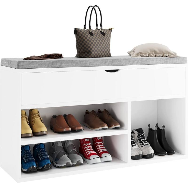Shoe Storage Bench with a Cushioned Seat and 2 Tiers of Shelves - White