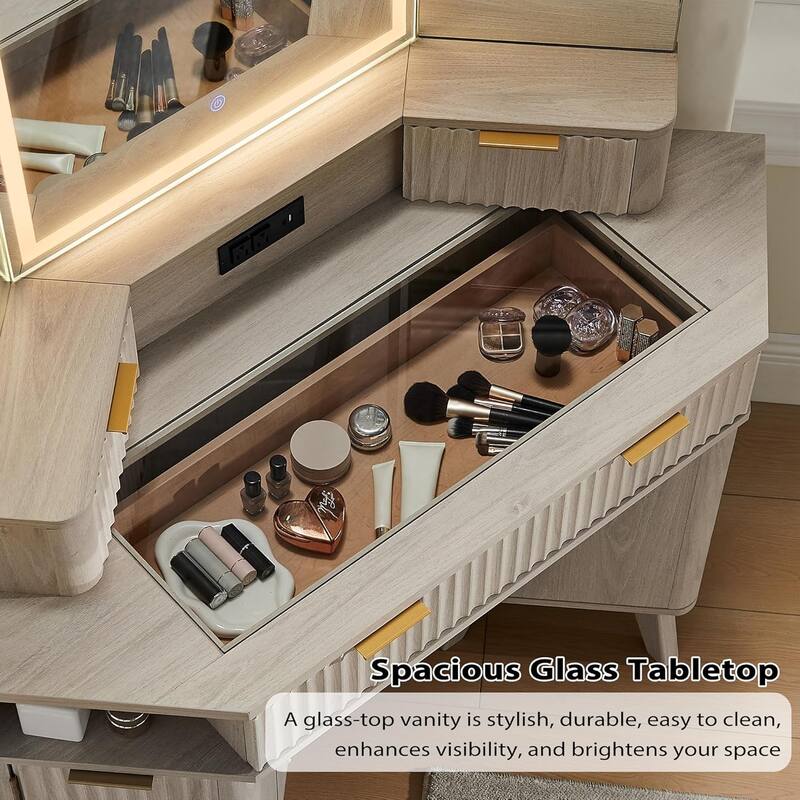 Modern Fluted Makeup Vanity Desk with 3 Way Mirror&Light, Vanity Table