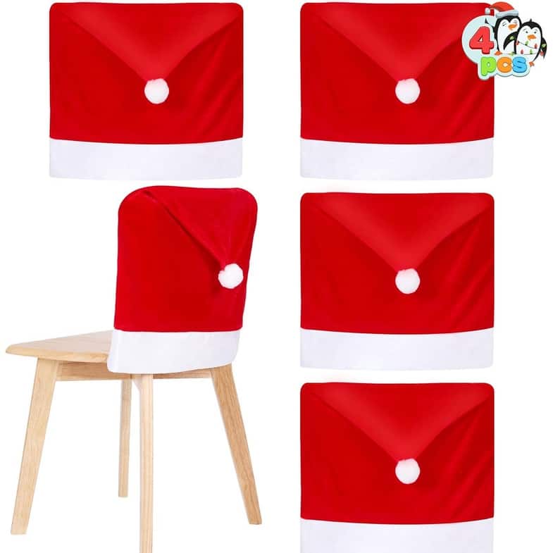 4 Pcs Christmas Chair Cover, Red Santa Hat Chair Slipcovers for Christmas Holiday Festival Decoration