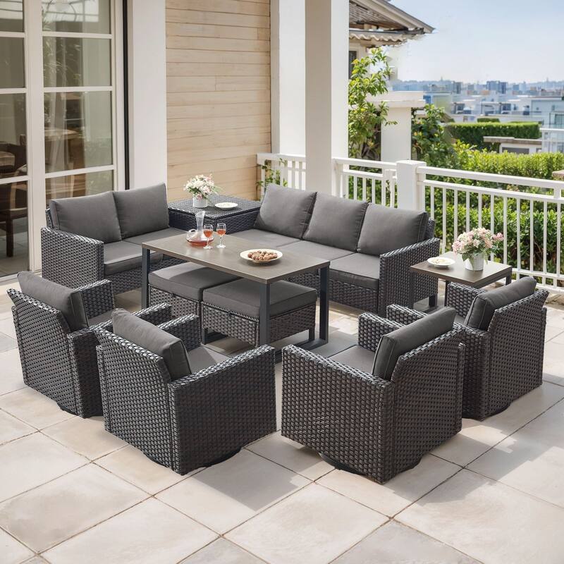 Gymojoy 9 Person Outdoor Courtyard Wicker Family Conversation Set Group With Swivel Chairs And Storage