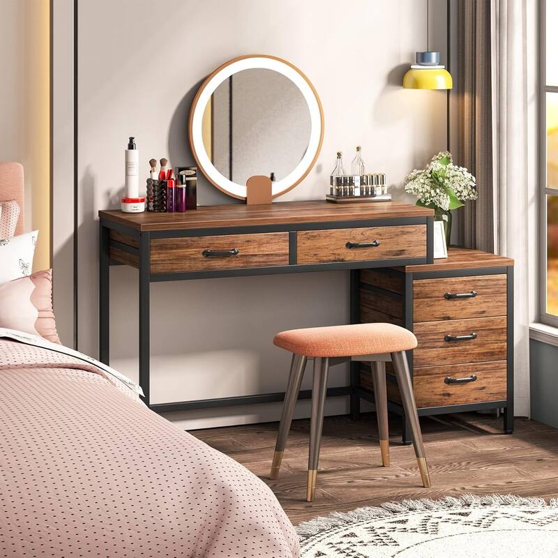 Modern Computer Desk with 5 Drawers, Home Office Desks with Reversible Drawer Cabinet Printer Stand