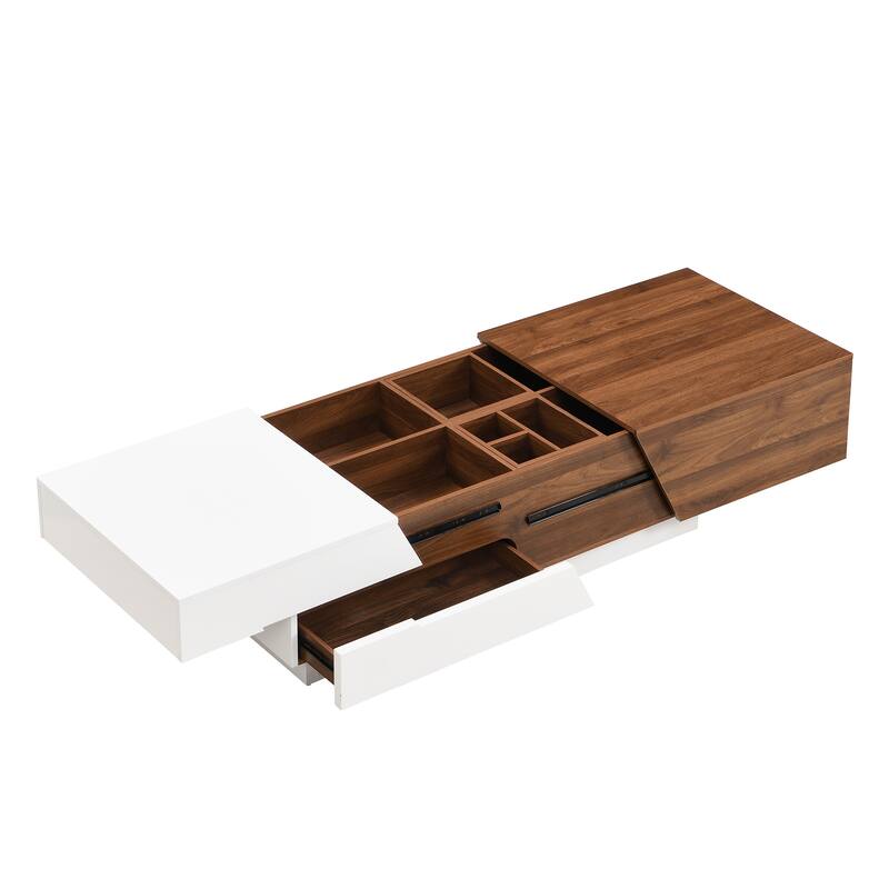 Roomfitters Modern Extendable Sliding Top Coffee Table with Hidden Storage Compartments, White & Walnut