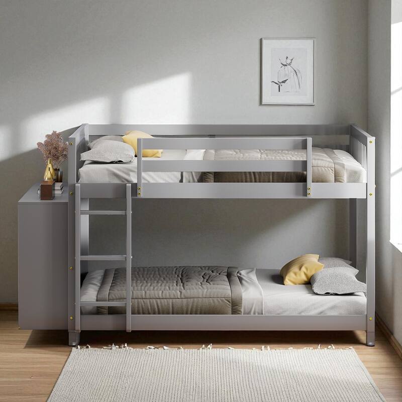 Twin over Twin or Full over Full Bunk Bed with Storage Drawers, Shelves, and Reversible Ladder