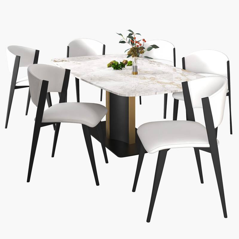 7-Piece Dining Set with 55-Inch Sintered Stone Dining Table and 6 Leather Side Chairs - White