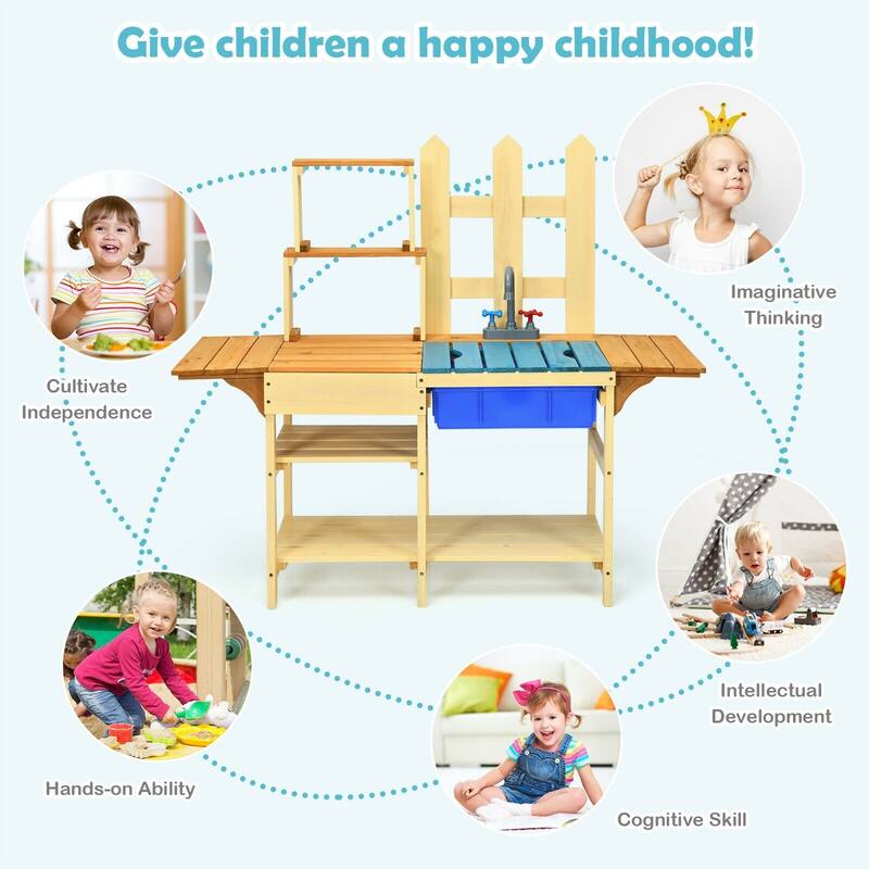 Kid's Outdoor Wooden Pretend Cook Kitchen Playset Toy - 43" x 15" x 39.5" (L x W x H)