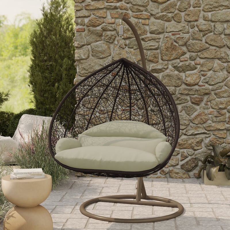2-Person Egg Swing Chair in Brown Stainless Steel 2-Seater Porch Swing with Stand for Outdoor and Indoor - 77.95" Height