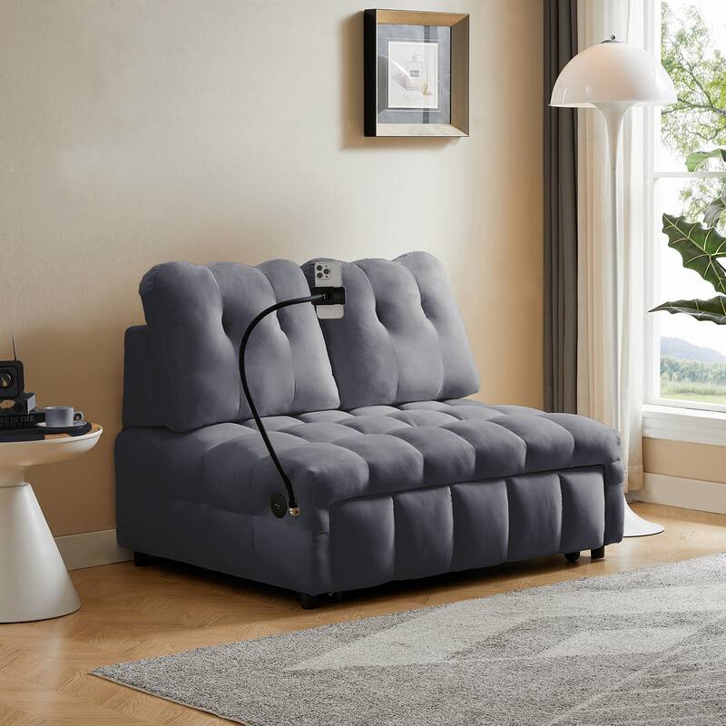 Modern pull-out velvet sofa bed with USB port and rotating phone holder