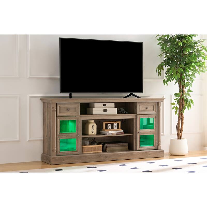 Farmhouse-Style Fireplace TV Stand up to 80-Inch TV with LED Lights, Glass Door Cabinets and Drawers, for Living Room