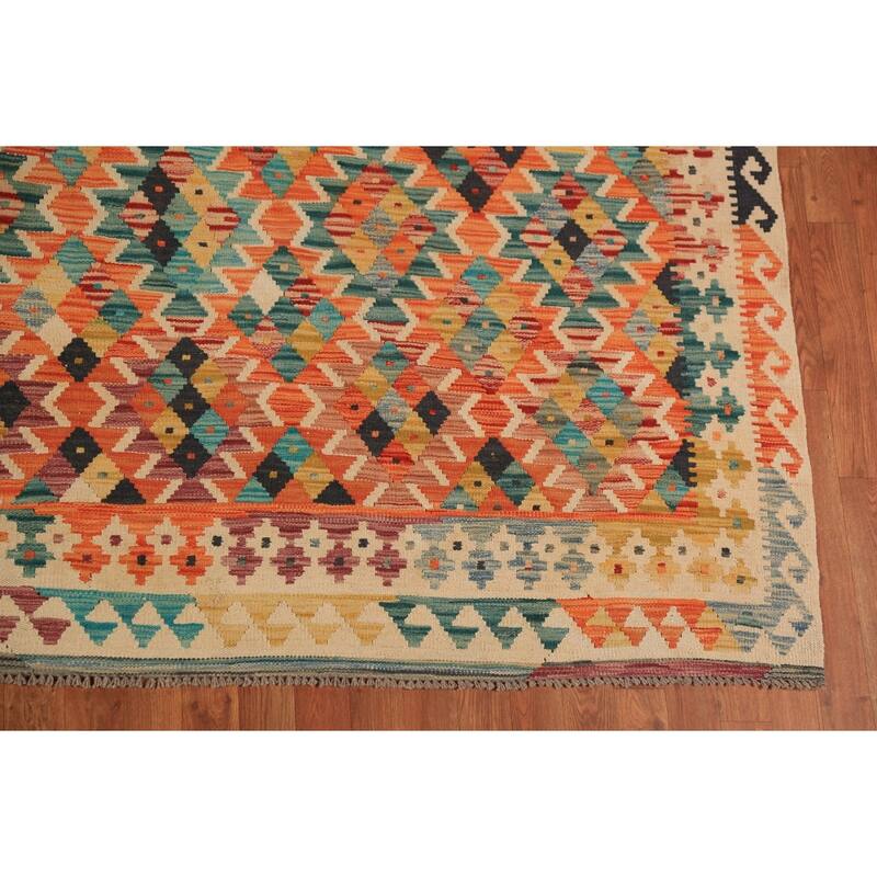 Reversible Kilim Oriental Rug Flatweave Orange Wool Carpet - 10'1"x 12'9"