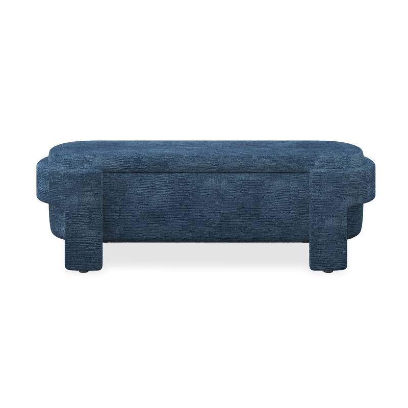 Oval End of Bed Bench, Linen Fabric Upholstered Storage Bench, Entryway Bench with Hidden Storage Space & Support Legs