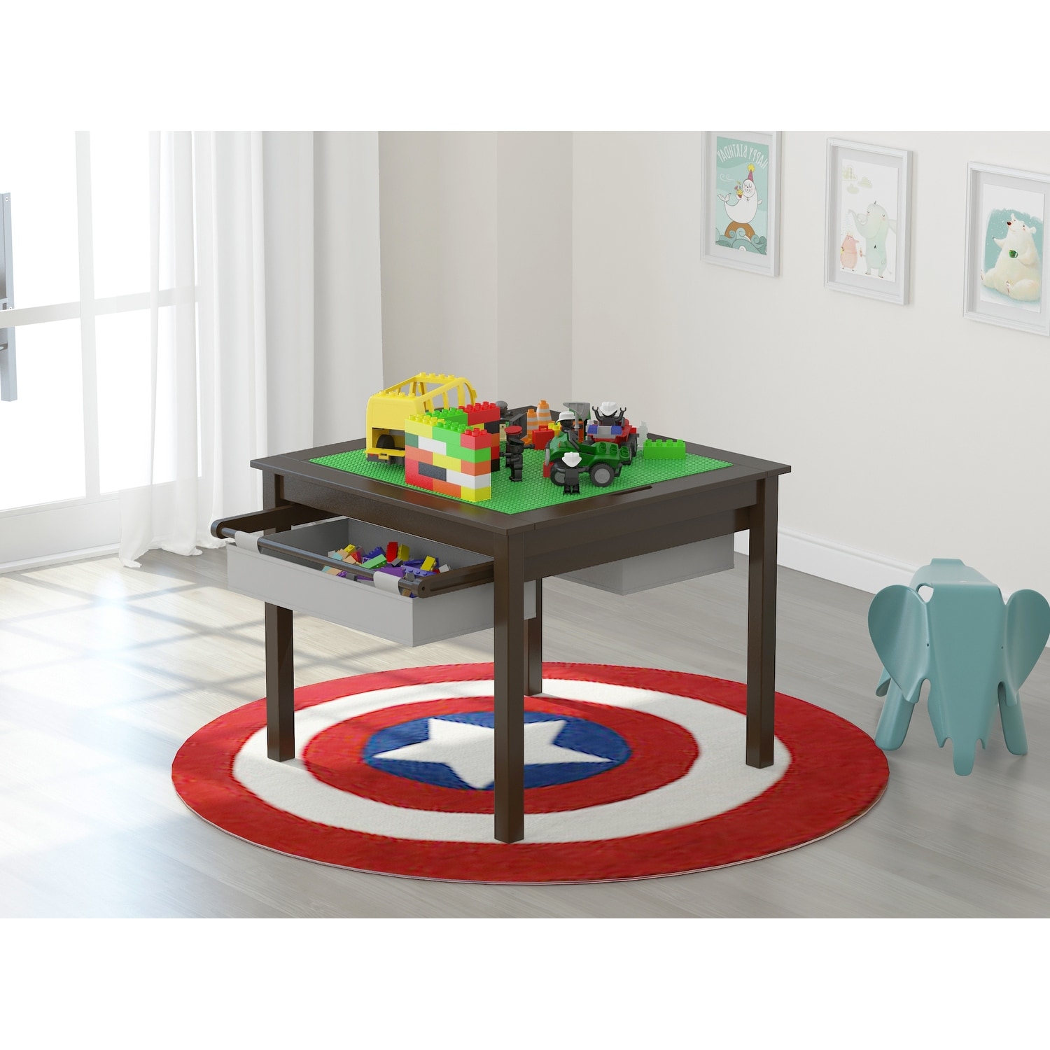 UTEX-2 in 1 Kids Lego Table Set Storage, Table with Chairs, Espresso with Gray Drawer - On Sale - - 32622756
