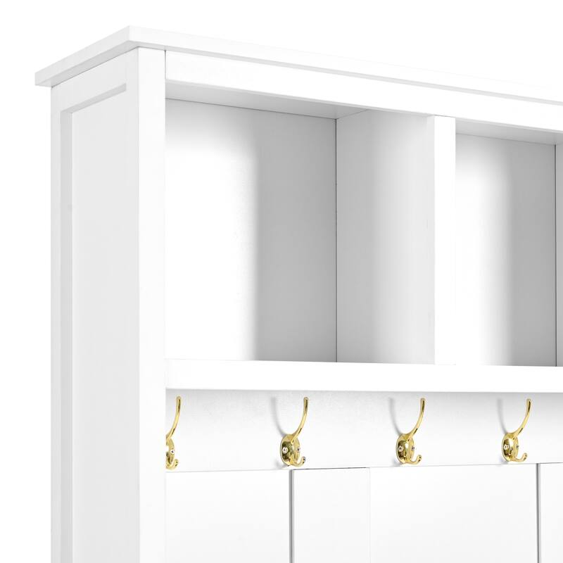 Hall Tree with 2 Storage Drawers, Versatile Coat Rack with 6 Hooks, Entryway Bench with Top Open Storage Shelf