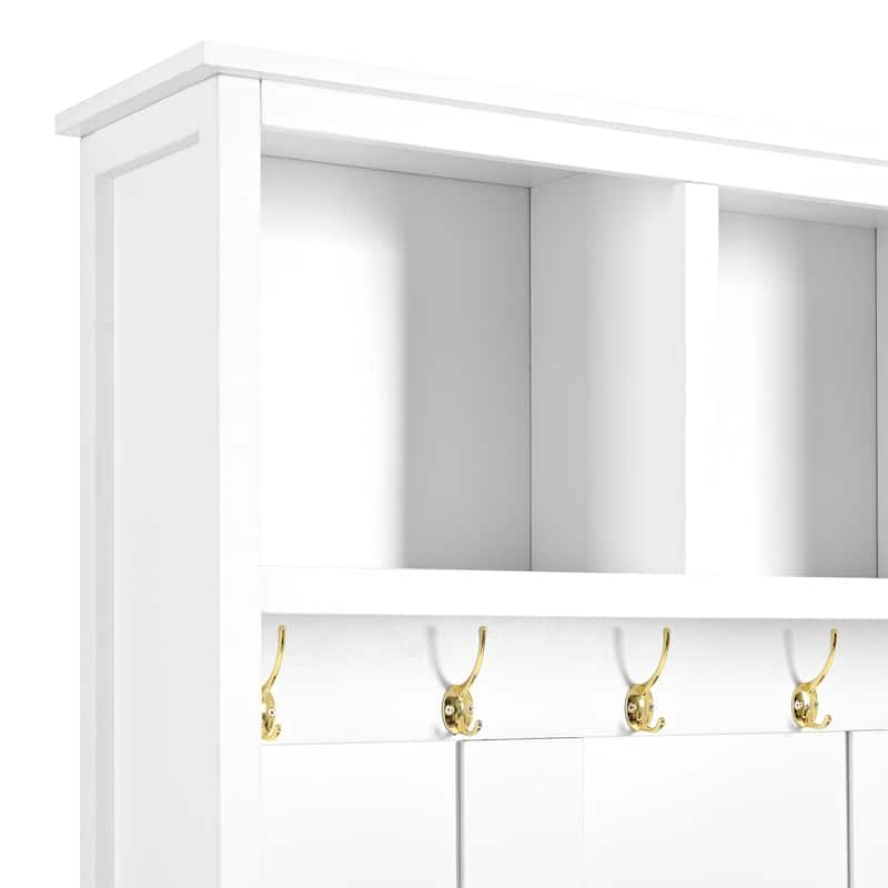 Roomfitters Mudroom 4-in-1 Hall Tree with Storage Bench, Versatile Coat Rack with 6 Golden Hooks and Multiple Storage Sections