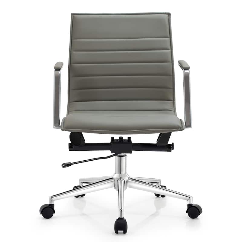Modern Office Desk Chair | Upholstered PU Leather Ribbed Mid Back with Metal Frame | Adjustable Height, Tilt Lock