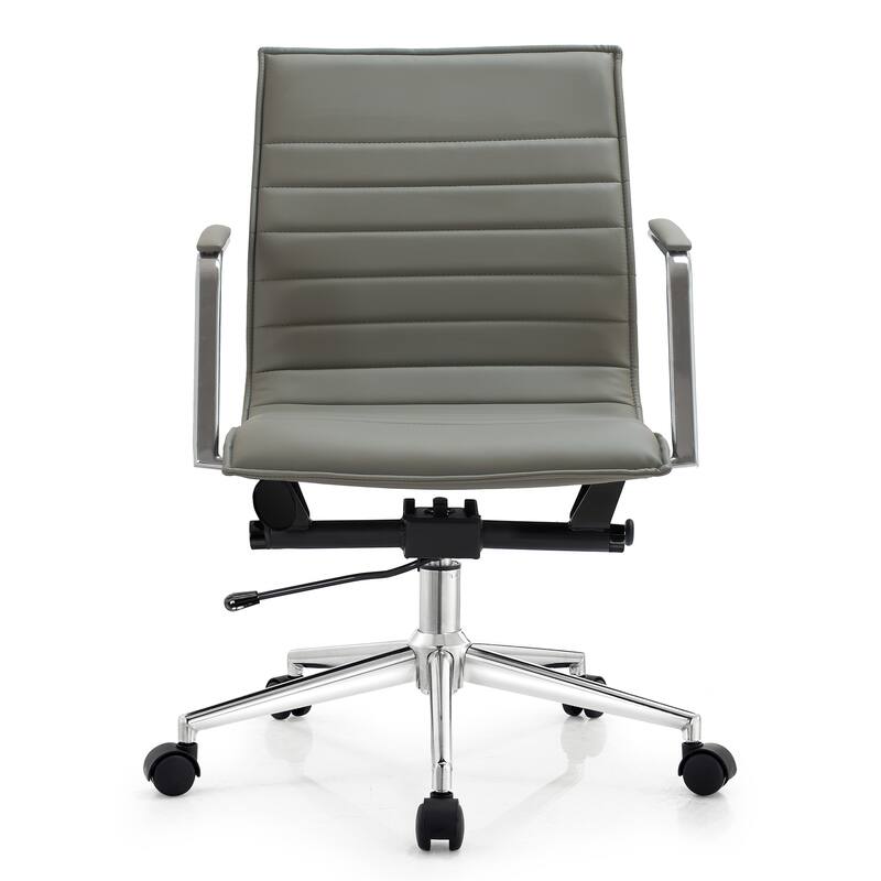 Set of 2 Modern Office Chairs | Upholstered PU Leather Ribbed Mid Back with Metal Frame | Adjustable Height, Tilt Lock