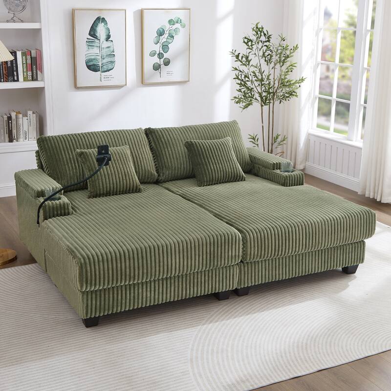 Corduroy Chaise Lounge Sofa Loveseat Sleeper Sofa with Adjustable Backrest, Cup Holders, Phone Holder and Dual Storage Armrest