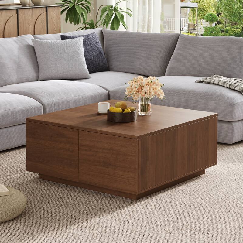 Roomfitters Square Coffee Table, Modern Wood Center Table with 4 Storage Compartments for Living Room