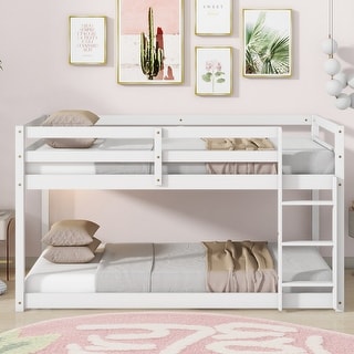 Rubber Wooden Twin over Twin Bunk Bed with Ladder, Strengthened Slats