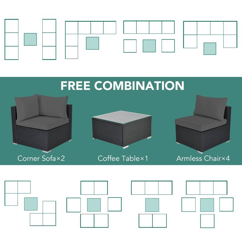 Black 7-Piece Wicker Outdoor Sectional Set Patio Sofa Set with Gray Cushions and Coffee Table