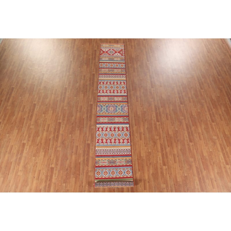 Hand Knotted Oriental 100% Wool Carpet Traditional Geometric Multi-Colored Kazak Runner Rug - 16' 0'' X 2' 5''