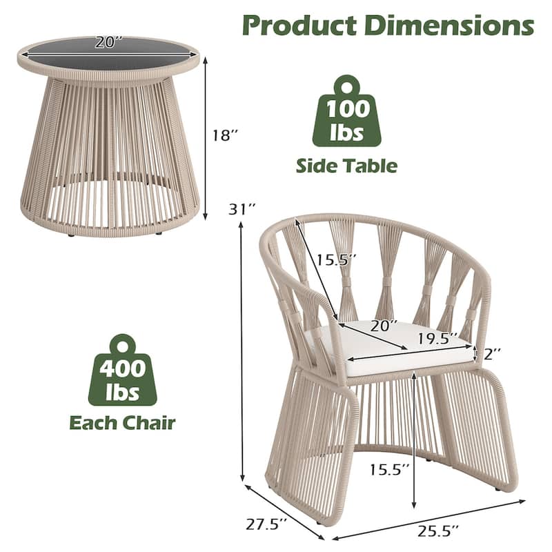 3 Piece Beige Rope Woven Metal Patio Bistro Set with Off White Cushions and Table - Chair: 27.5" x 25.5" x 31" (L x W x H)