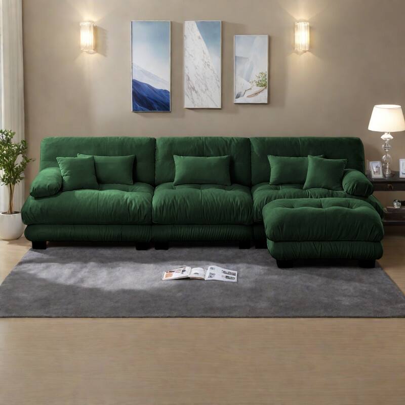 133.8" 3-Seater L-Shaped Chenille Cloud Couch with Ottoman and Oversized Deep Seat Sectional Sofa - Green