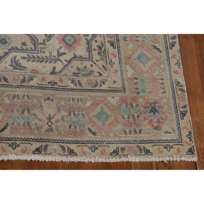 Beige Tabriz Persian Vintage Area Rug Hand-Knotted Wool Carpet - 6'6" x 9'9"