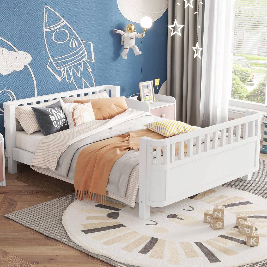 Wood Platform Bed for Kids, Low Profile Wooden Full Bed with Rails